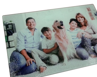 Worktop Saver PERSONALISED Chopping Board Glass Cutting block with your photos / pictures / logo custom print heat proof
