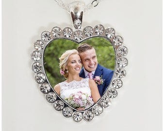 Personalised Heart Pendant Necklace printed gift with your picture Clear rhine stone surround