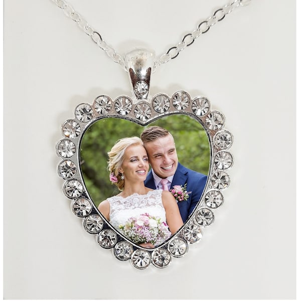 Personalised Heart Pendant Necklace printed gift with your picture Clear rhine stone surround