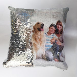  VEELU Custom Photo Sequin Pillow Case and Insert- Silver  Personalized Mermaid Magic Reversible Sequin Pillow with Picture  Personalized Gifts Home Decorative Cushion Cover : Home & Kitchen