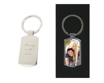 PERSONALISED Photo KEYRING engraved on the back Metal keychain supplied in box custom printed picture and text / name birthday gift
