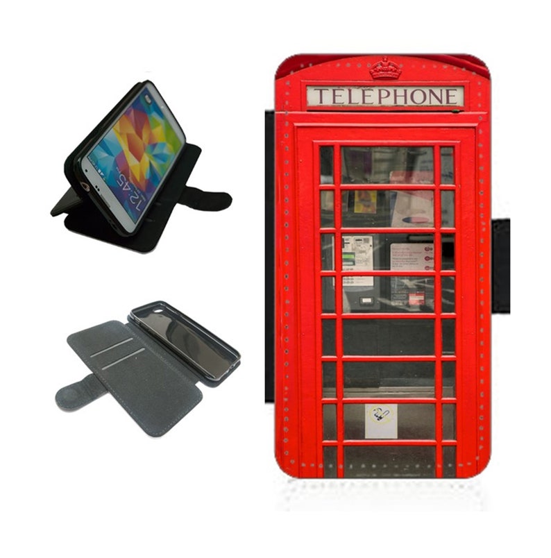 May include: A red phone booth with the word "TELEPHONE" printed on the front. The phone booth is a popular symbol of London, England. This phone booth is a phone case for a smartphone.