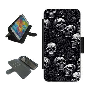 Funda para teléfono con diseño de calavera de Halloween para iPhone/Samsung Galaxy, funda con tapa con imagen en blanco y negro de terror S24 S23 S22 S21 A55 A25 A15