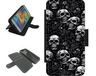 Skull Halloween pattern Phone Case wallet For iPhone / Samsung Galaxy horror black and white picture flip cover S24 S23 S22 S21 A55 A25 A15