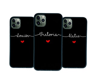 PERSONALIZADO Nombre impreso personalizado Funda de teléfono Funda iPhone Samsung Huawei negro con corazón rojo