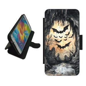 Funda para teléfono con diseño de murciélago de Halloween, tipo billetera, para iPhone/Samsung Galaxy, funda con tapa con imagen de terror S24 S23 S22 S21 A55 A25 A15