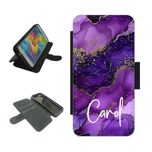 Funda de teléfono morada con nombre personalizado, billetera de cuero PU, ranuras para tarjetas, cierre magnético para iPhone/Samsung