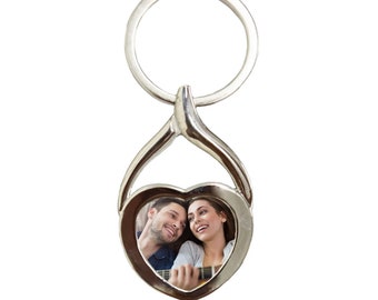 Personalised photo Keyring heart shape with any picture image logo custom printed metal key chain wishbone love gift