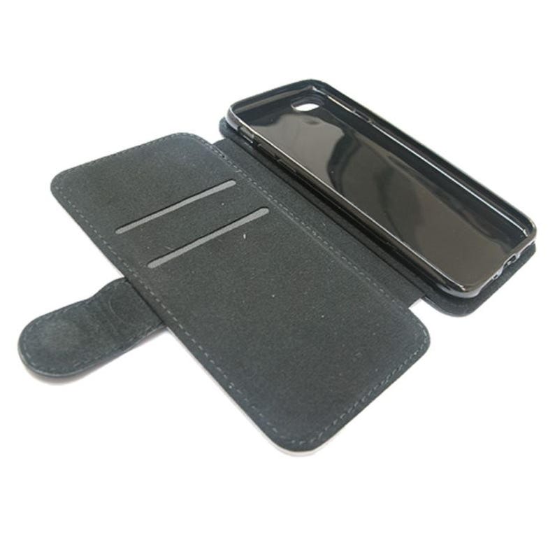 May include: Black leather phone case with a flap that folds over the screen. The case has two card slots and a magnetic closure.