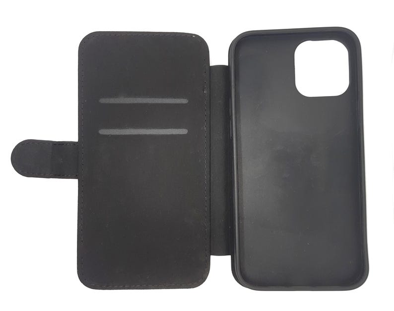 May include: Black leather phone case with a flap that folds over the screen. The case has a slot for credit cards or ID.