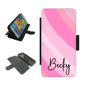 Nombre personalizado Funda de teléfono Cartera Funda de rayas rosadas para iPhone Para titulares de tarjetas Samsung Cierre magnético