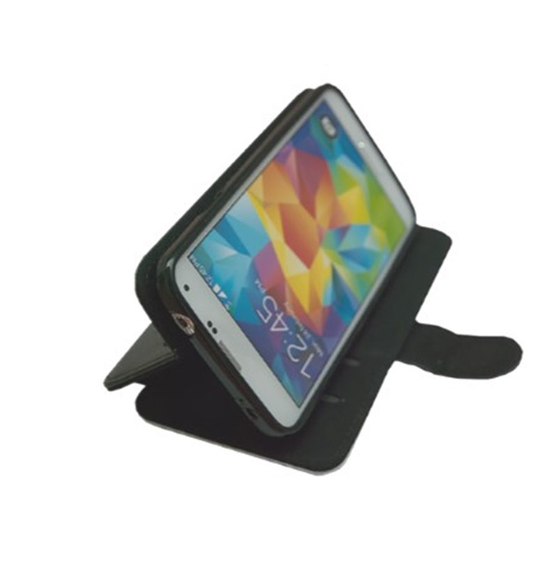 May include: A black leather phone case with a flap that folds over the screen. The case is designed to hold a smartphone and has a built-in stand for hands-free viewing. The phone case is shown with a white smartphone inside.