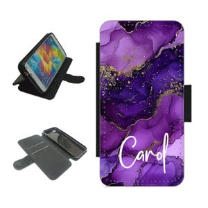 Capa de celular roxa personalizada com nome, capa tipo carteira para iPhone Samsung, porta-cartões com fecho magnético, compartimentos para cartões, presente