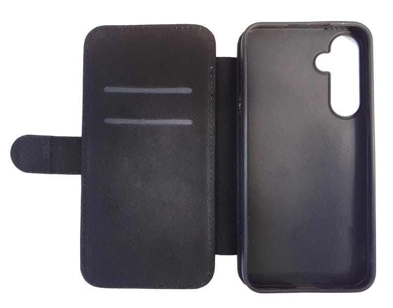 May include: Black leather phone case with a flap that folds over the screen. The case has a slot for cards on the inside.