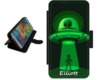 Personalised Alien Phone Case name wallet For iPhone / Samsung phone cover with 2 card slots. Magnetic closure custom printed card slots