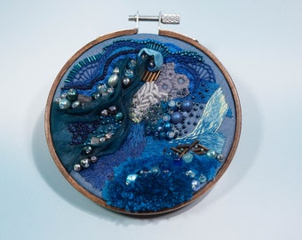 Blue tidal abstract hand embroidery wall art, 4.5"