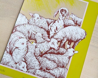 On The Lamb Original Silkcreen Polymer Plate Print | Animal Wall Art Print