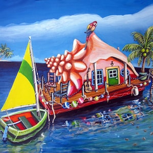 Peut inclure: Une peinture représentant une maison de coquillage fantaisiste avec une porte verte et un perroquet sur le toit. La maison est sur une plateforme en bois avec un petit voilier et un palmier en arrière-plan. L'eau est bleue et des lumières colorées sont accrochées autour de la maison.