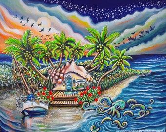 Canvas print van octopus 'landing, Key West kunstwerk, origineel schilderij uit Key West