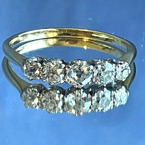 0.90tcw Old European cut diamond ring 18ct gold 2.90gms Size P 1/2 US 8 Vintage Edwardian 5 stone ring