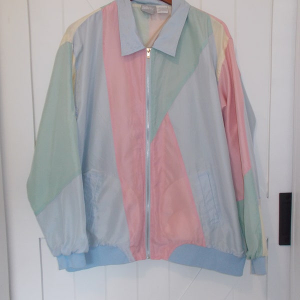 Vintage Blair 100% Silk Pastel Colorblock Full Zip Front Windbreaker Jacket Women's Size 2XL Grandma Core
