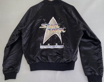 VTG Star Trek Satin Bomber Jacket 1991 Anniversary Size L Paramount Made In USA