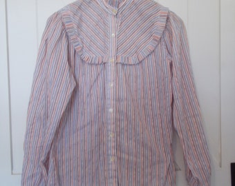 Vintage Striped Ruffle Blouse High Neck Shirt Women's Size 9/10 Cottage Core Prairie