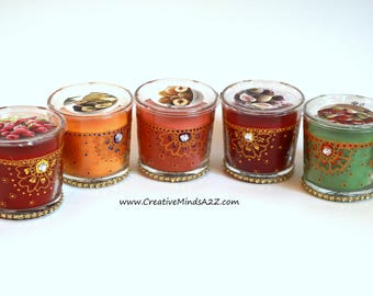 Hand painted scented candle in Glass/Diwali decor/Home decor /Wedding decor/Party Favors/Colorful henna tealights/ Diwali favor/Mehndi nite
