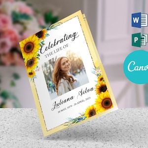 Peut inclure: Un programme funéraire jaune et blanc avec une photo d'une femme et des tournesols. Le texte indique "Celebrating the Life of Juliana Silva 20 May, 1970 - 20 April, 2023".