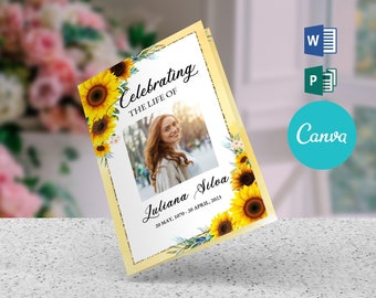 Elegant Watercolor Sunflower Funeral Program Template for Women | 4-Page Booklet | Editable in Microsoft Word, Publisher, and Canva