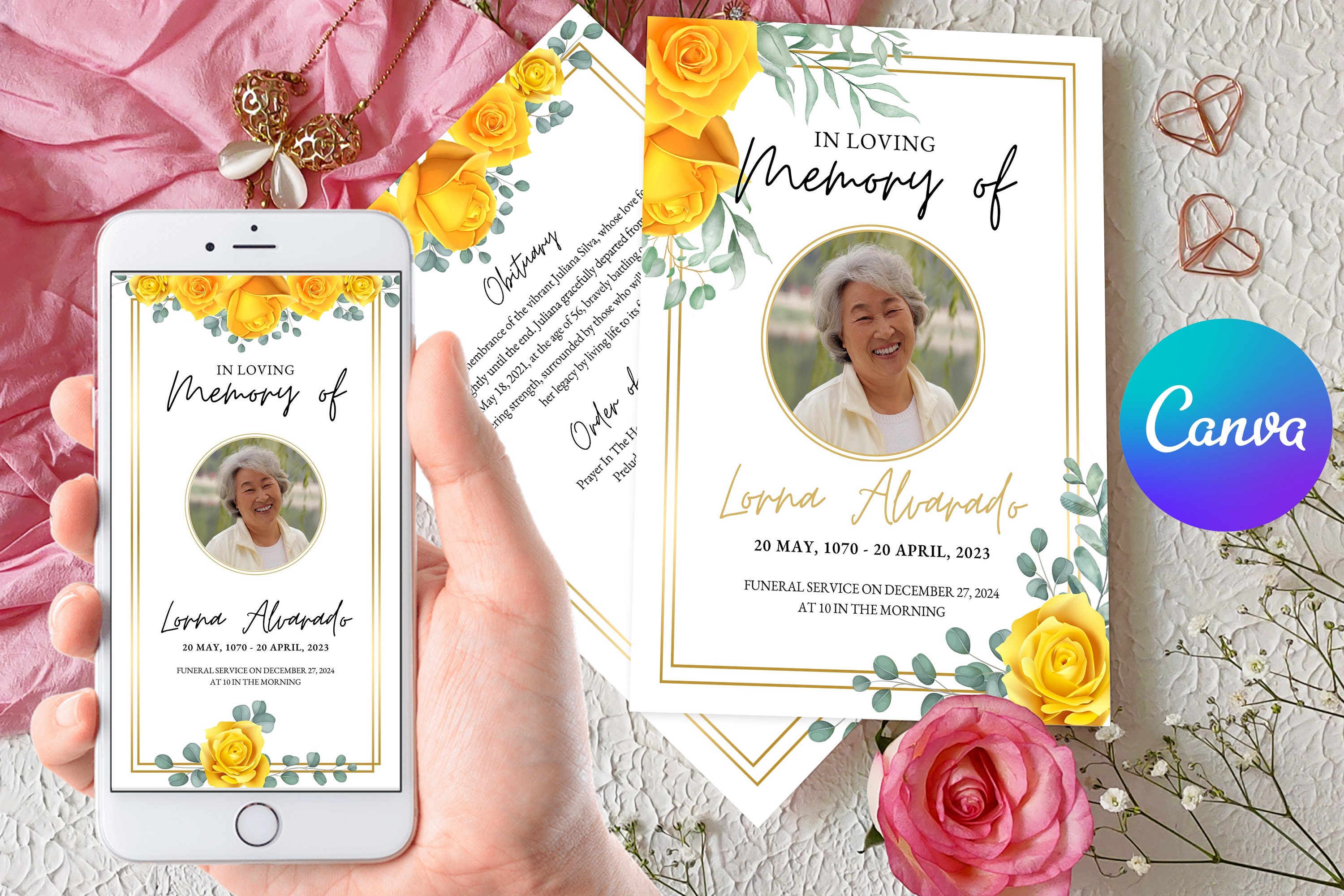 Yellow Roses Funeral Vector Yellow Rose Funeral Invitation, Watercolor Floral (printable ...
