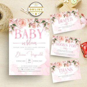 Editable Baby in Bloom Baby Shower Invitation Template set, Blush Pink Rose for Baby Girl, Canva Template