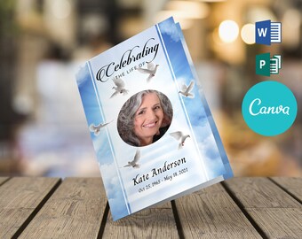 Heavenly Dove Funeral Program Template, Celebrating the Life of Funeral Program 4 Page Booklet, Word, Publisher and Canva Template
