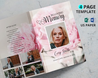 Pink Floral Funeral Program Template | 4 Page Template | Microsoft Word and Microsoft Publisher