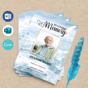 May include: A blue and white funeral program template with a photo of a man in a gold frame. The text "In Loving Memory" is written in a cursive font. The program includes the person's name, dates of birth and death, and the name and address of the church.