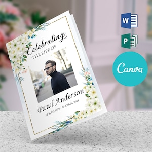 Elegant White Cherry Blossom Funeral Program Template for Men| 4-Page Booklet | Editable in Microsoft Word, Publisher, and Canva