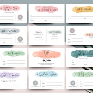 Paquete de 12 plantillas de certificado de regalo de acuarela editables. Plantilla de vale de tienda de bricolaje, plantilla de vale de regalo personalizable, plantilla Canva