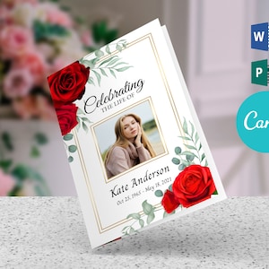 Red Rose Funeral Program Template for Women, Celebrating the Life of Funeral Program 4 Page Booklet, Canva Template
