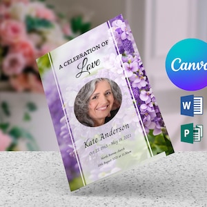 Blue Lilac Floral Funeral Program Template, Celebrating the Life of Funeral Program 4 Page Booklet, Word, Publisher and Canva Template