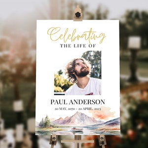 Placa de boas-vindas personalizada para funeral com tema de pesca em aquarela - Celebrando a vida de Pôster, modelo Canva, Editar online