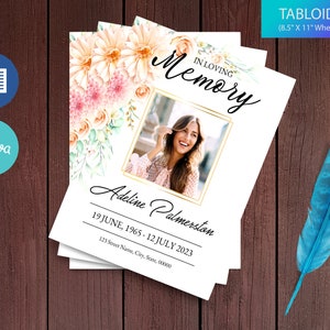 May include: A white funeral announcement with a floral design in shades of pink and green. The announcement includes a photo of a woman, the text "In Loving Memory", the name "Adeline Palmerston", and the dates "19 June, 1965 - 12 July 2023". The announcement is printed on a tabloid size paper, measuring 17 inches by 11 inches.