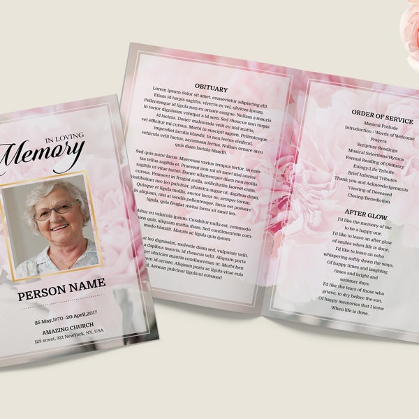 Pink carnation Funeral Program Booklet for Women, Printable Funeral Program Booklet Template with Background