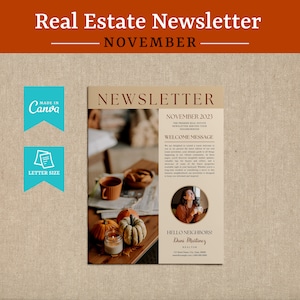 Editable Real Estate Newsletter Template for November, Canva Newsletter Template, Thanksgiving prep tips, Feature Listing, Just Listed