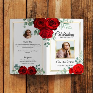 Red Rose Funeral Program Template, 4-page Booklet (canva, Word ...