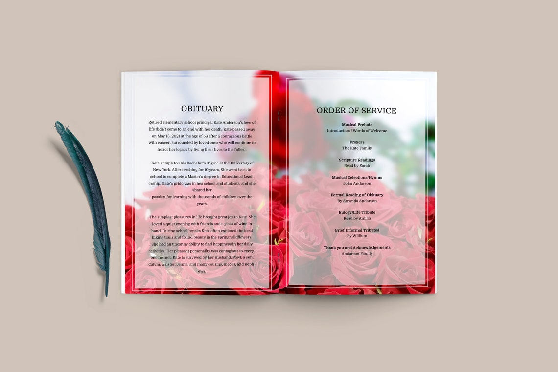 8 Page Red Rose Funeral Program Template for Women | 8 Page Template ...