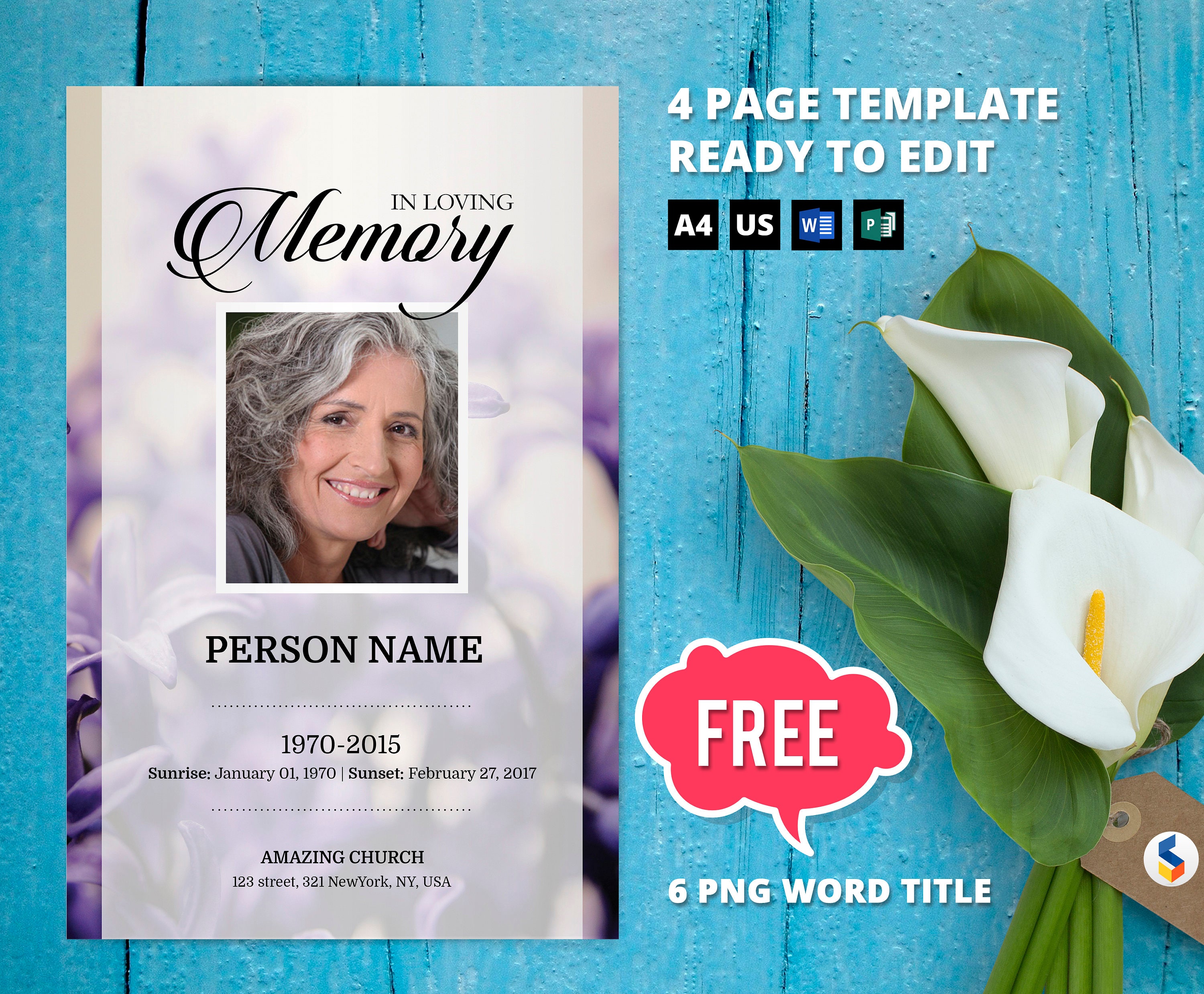 PURPLE FLOWER  Funeral Program Template, Obituary Program, Memorial  Program Template, Microsoft Word Template With Regard To Free Obituary Template For Microsoft Word