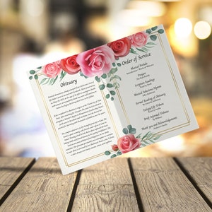 Pink Rose Funeral Program Template, Celebration of Life (canva, Word ...