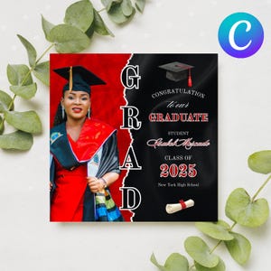 Modello modificabile per invito alla festa di laurea su Canva / Invito fotografico in carta strappata nera e rossa