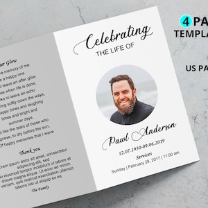 May include: A white and gray 4-page funeral program template with a black and white photo of a man with a beard smiling. The text "Celebrating the Life of Pawl Anderson 12.07.1930-09.06.2019" is printed in black cursive font. The text "Services Sunday | February 28, 2017 | 11:00 am" is printed in black font. The text "After Glow" is printed in black font. The text "Thank you" is printed in black font. The text "The Family" is printed in black font.