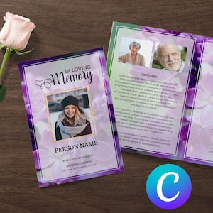 Editable Purple Flower and Gold Frame Funeral Program Template for Women, 4-Page Booklet, Editable in Microsoft Word, Publisher, and Canva